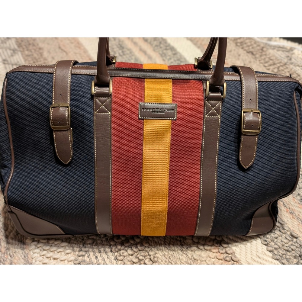 VTG Tommy Hilfiger Rolling Duffle Navy Red Yellow Stripe Canvas carry on READ
